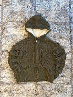 Derek Heart Olive Green Cable Knit Hoodie with Cream Sherpa